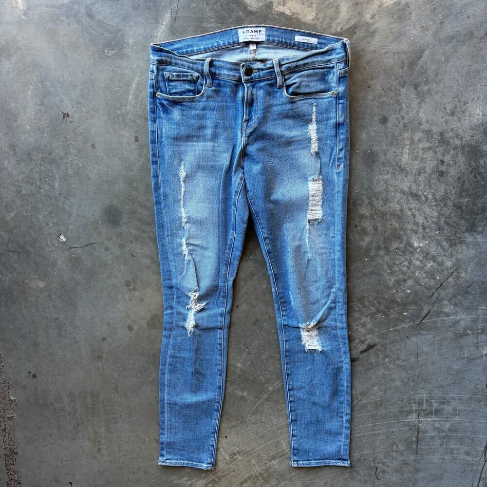 Frame Denim Le Garcon Skinny Jeans Women's 26 Blue Distressed Mid Rise Stretch